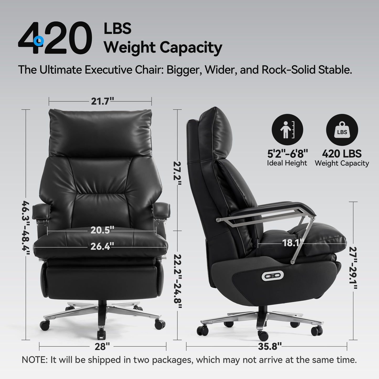 OKUP® M80 Dual Motor Electric Executive Office Chair with Footrest, Comfortable Reclining Office Chair Wide Seat, Ergonomic Leather Home Office Desk Chair, Black, No Massage