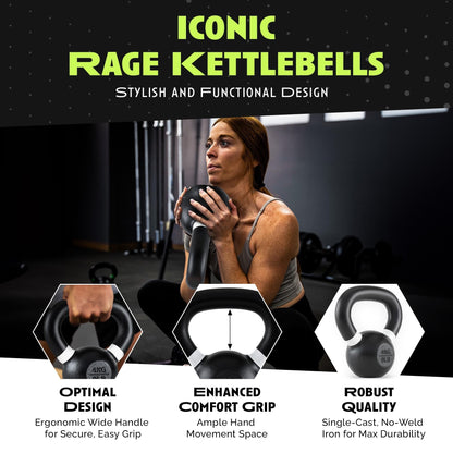 Rage Fitness Single Cast Iron Kettlebell | Powder Coated - Wide Handle Weights for Core & Glute Workouts; Swings, Squats, Deadlifts; Strength, Endurance & Flexibility for Men & Women