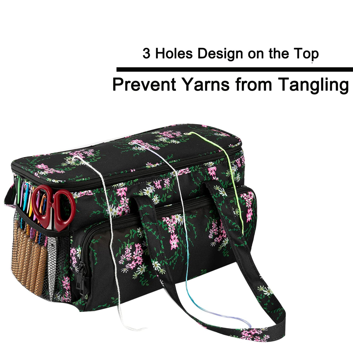 Ryhiac Yarn Storage Organizer Tote Bag Knitting Project Bag Yarn Holder Traveling Crochet Handbag Floral for Bulk Yarns,Crochet Hooks,Knitting Needle,Crochet Acessories