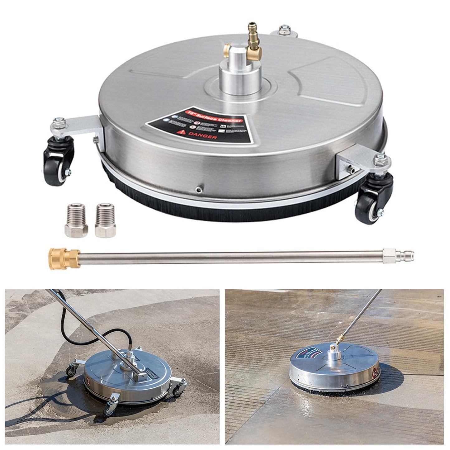 Pressure Washer Surface Cleaner with Wheels Stainless Steel Housing Quick Connector Power Washer Surface Cleaner Attachment Stainless Steel