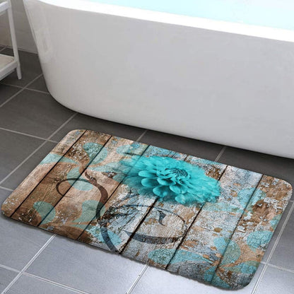 Teal Dahlia Floral Bath Mat on Rustic Wooden Plank, Non-Slip Soft Doormat for Kids, 17x29 Indoor Outdoor Entryways