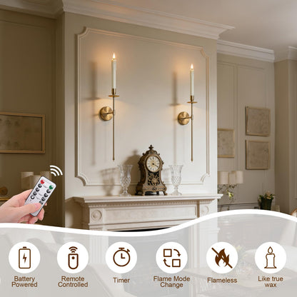 Yollzey Candle Holder Wall Sconces Set of 2 with Battery Operated Candles and Remote Control, Wall Sconces Home Decor, Battery Candles Candle Sticks Holder with Flameless Flickering Taper Timer Gold
