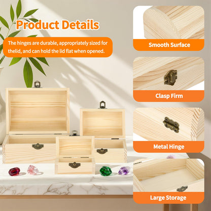 BAOPEND 3 Pieces Unfinished Wooden Storage Box with Lid and Latch, Decorative Treasure Chest for Jewelry Keepsakes Crafts, Natural Pine Wood Organizer for Home Office Gift (Small+Medium+Large)