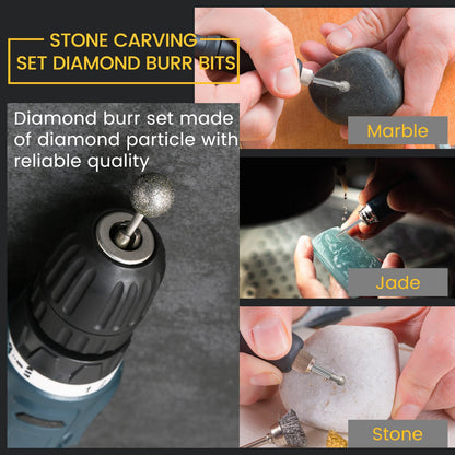 Stone Carving Set Diamond Burr Bits Compatible with Dremel, 20PCS Polishing Kits Rotary Tools Accessories with 2.35mm 3mm Shank Round Shape for Carving, Engraving, Grinding, Stone, Rocks, Jewelry
