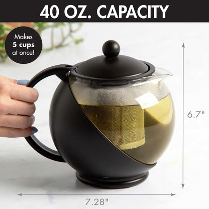 Primula Half Moon Teapot with Removable Infuser, Glass Tea Maker with Reusable Fine Mesh Stainless Steel Filter, Dishwasher Safe, 40-Ounce, Black