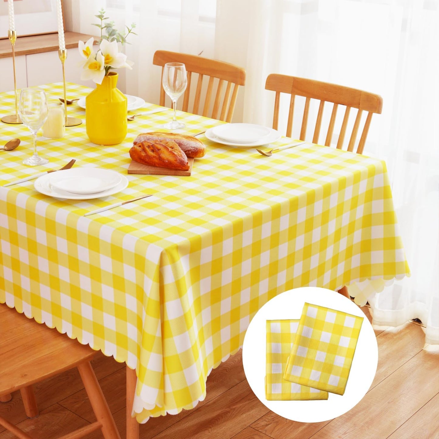 MANGATA CASA 2PCS Yellow Gingham Tablecloth, Waterproof Checkered Table Cloth for Square Tables, Light Yellow 52x52in