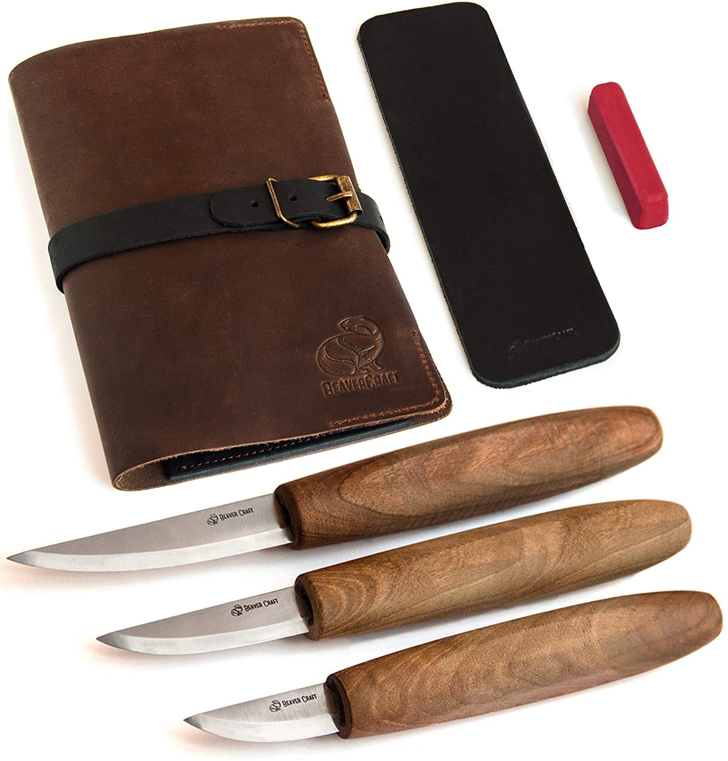 BeaverCraft Deluxe Wood Carving Kit with 3pcs High‑Carbon Steel Sloyd Knives S19x – Whittling Knife Set with Walnut Handles, Leather Tool Roll & Leather Strop, Polishing Compound – Wood Carving Tools