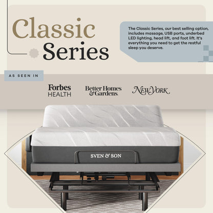 Sven & Son Classic Adjustable Bed Base, Head and Foot Lift, Massage, Under-Bed Lights, USB, Gel Memory, Zero Gravity Smart Frame - Queen + 12 inch Memory Foam Matt (Medium)