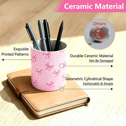 vnbsdwi Ceramic Pencil Holder for Desk Cute Pen Holder Pink Bow Pencil Cup Pot Desk Organizer Large Capacity Ceramic Makeup Brush Holders Multifunctional Office Supplies for Home School