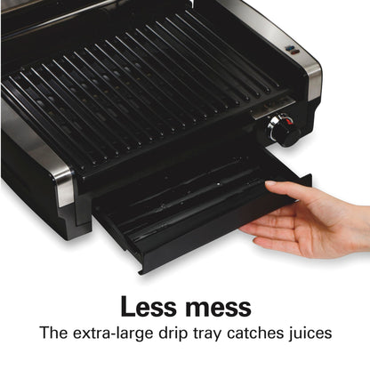 Hamilton Beach Electric Indoor Searing Grill with Viewing Window & Adjustable Temperature Control to 450F, 118 sq. in. Surface Serves 6, PFAS-Free Removable Nonstick Grate, Stainless Steel