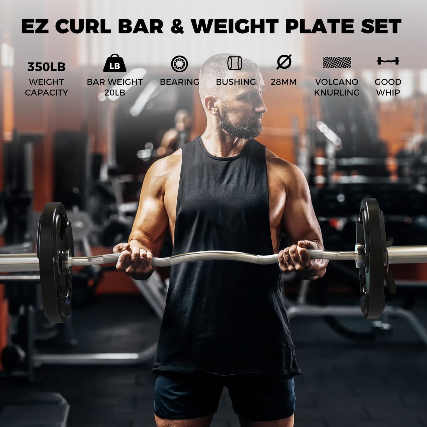 RitFit 2 Inch EZ Curl Bar with Weights, 350LBS Capacity Olympic Barbell for Bicep & Triceps, Home Gym Strength Training,with 155LBweights
