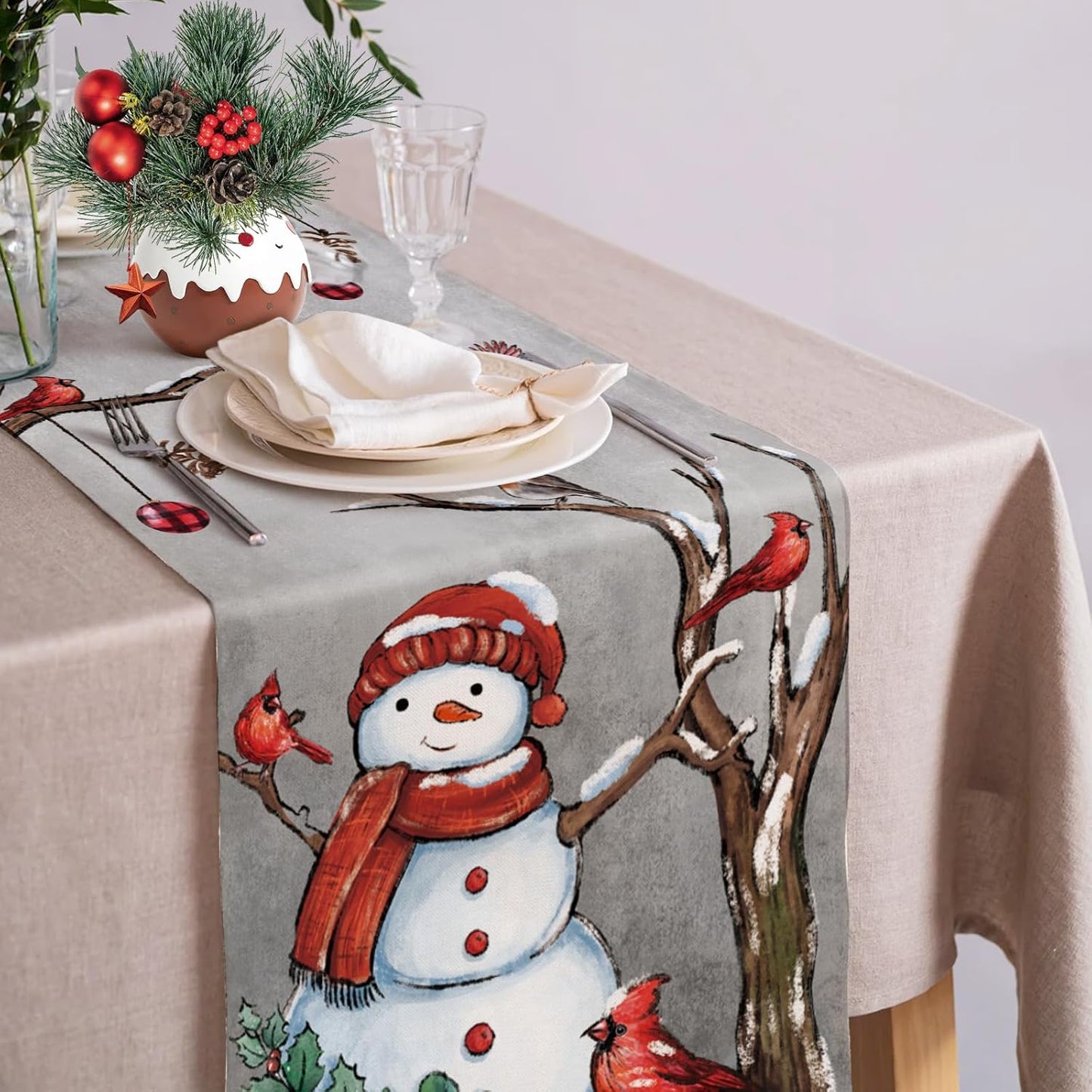 13x108 Inch Christmas Red Bird Branch Table Runner Snowman Cardinal Burlap Table Runners, Winter Xmas Seasonal Coffee