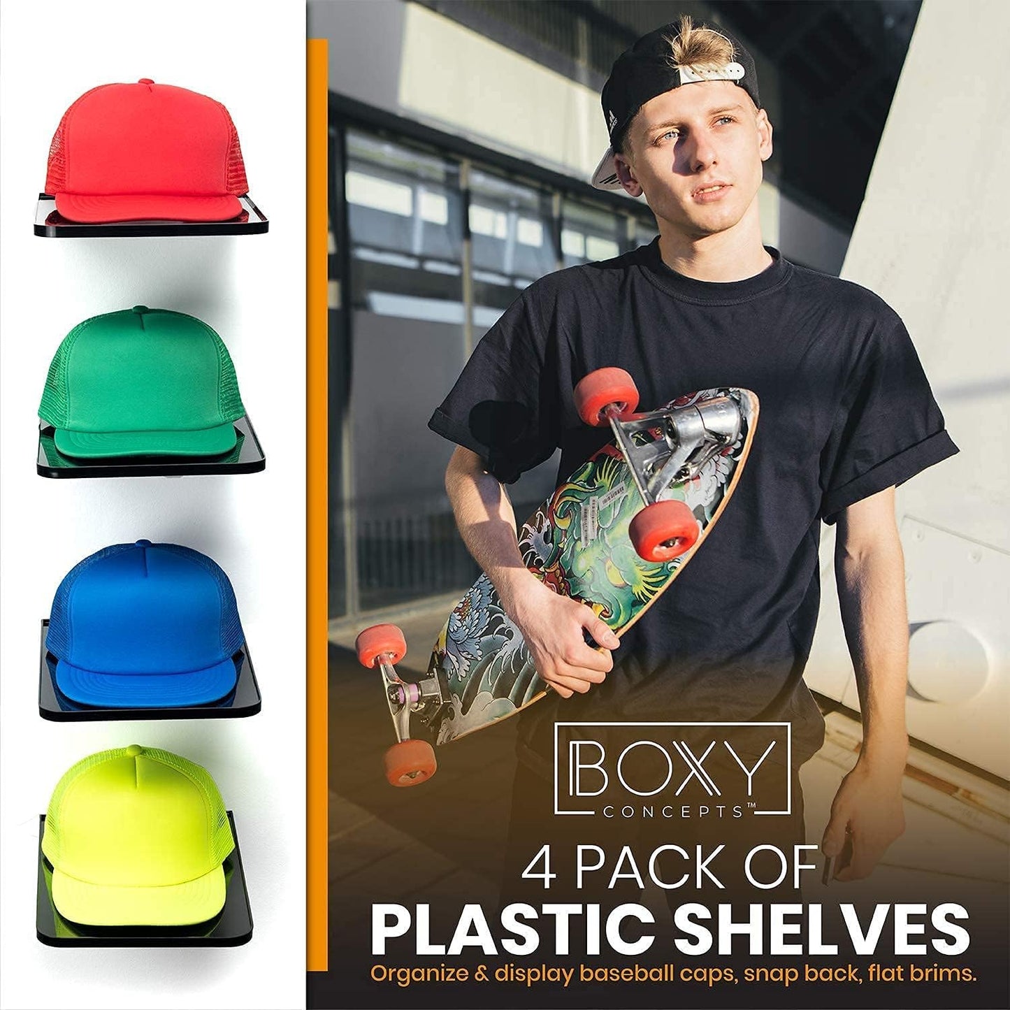 Boxy Concepts Hat Rack for Wall - Pack of 4 Premium Baseball Cap Organizer - Plastic Mountable Display Shelf with 3M