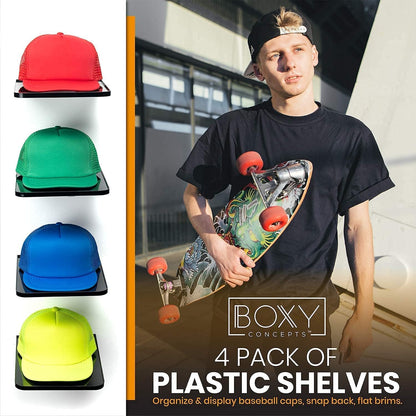 Boxy Concepts Hat Rack for Wall - Pack of 4 Premium Baseball Cap Organizer - Plastic Mountable Display Shelf with 3M