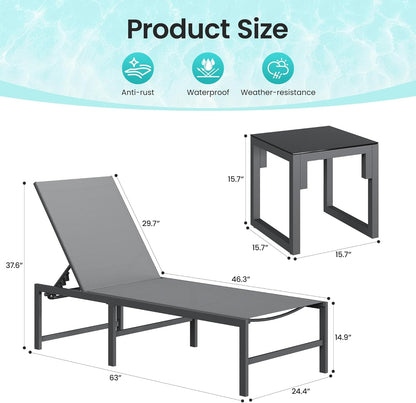 Amopatio 3-Piece Patio Lounge Chair Set - Adjustable Outdoor Chaise Lounge with Side Table | Weather-Resistant, 400 LBS Capacity (Gray)