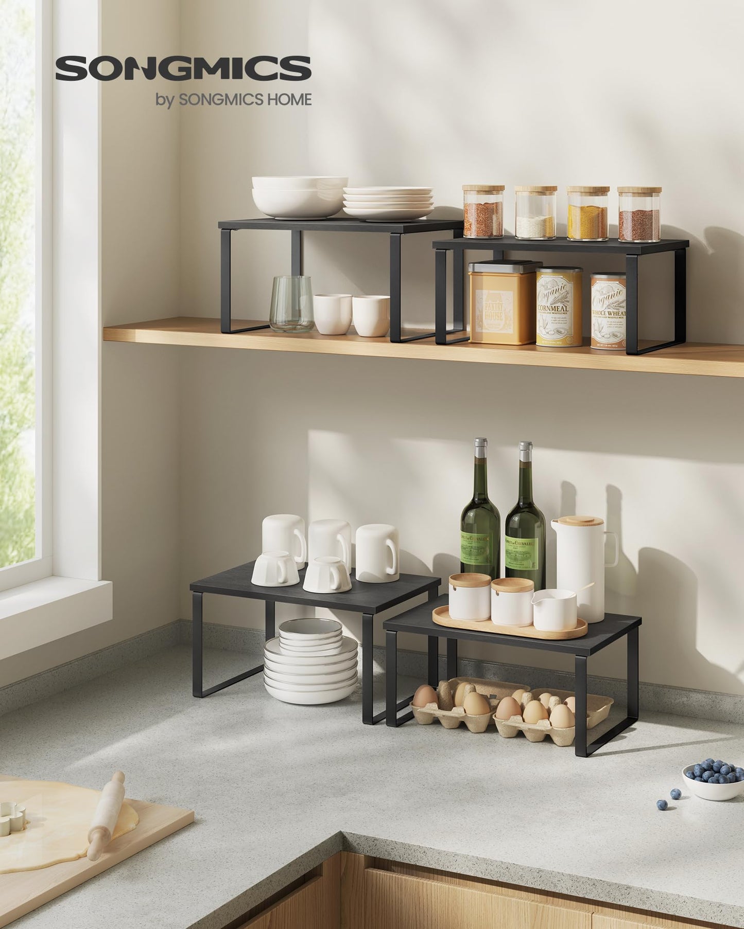SONGMICS Cabinet Organizer Shelf, Set of 2 Kitchen Counter Shelves, Kitchen Storage, Spice Rack, Stackable, Expandable, Metal and Engineered Wood, Ink Black and Natural Beige UKCS02NB