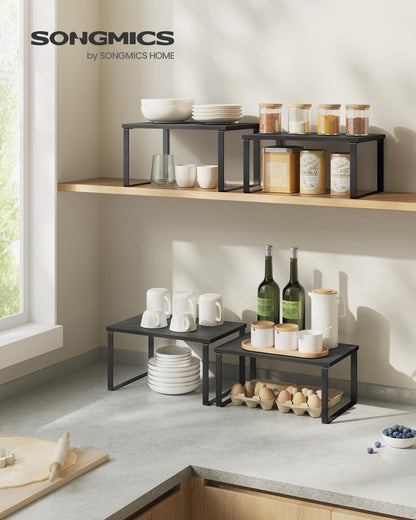 SONGMICS Cabinet Organizer Shelf, Set of 2 Kitchen Counter Shelves, Kitchen Storage, Spice Rack, Stackable, Expandable, Metal and Engineered Wood, Ink Black and Natural Beige UKCS02NB