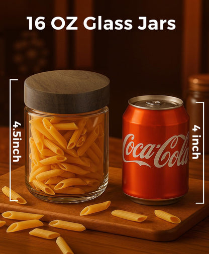8 Pack 16oz 10oz and Overnight Oats Containers with Lids, Glass Mason Jars with Acacia Wood Airtight Lids, Wide Mouth