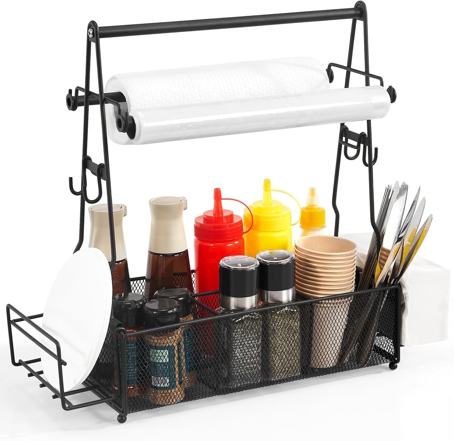 2 Grill Caddy, BBQ Caddy with Paper Towel Holder and Hooks, Grill Utensil Organizer for Camping Outdoor Barbecue
