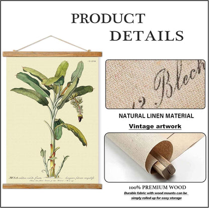 Vintage Banana Tree Poster Hanger Frame, Retro Style of Wall Art Prints, Printed on Linen with Natural Wooden Frames