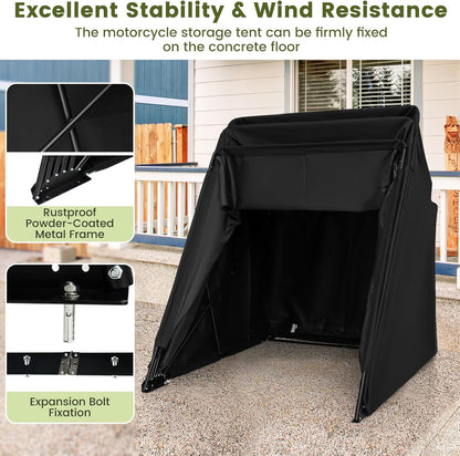 ERGOMASTER Motorcycle Shed, 136" x 54" x 75" Heavy Duty Waterproof Motorcycle Garage with 600D Oxford Fabric, Roll-up Mesh Windows Shed