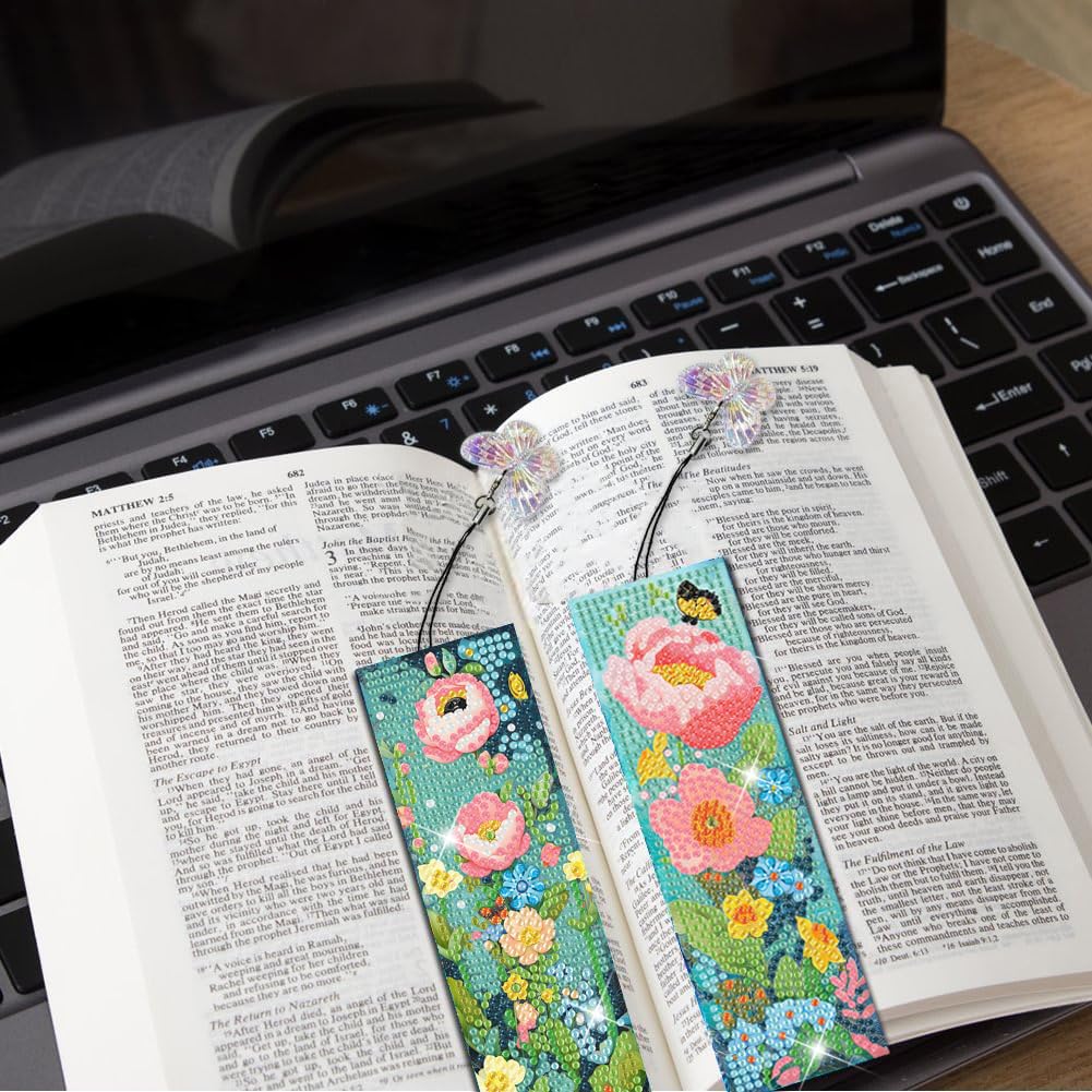 Puraikcmi 6 PCS 5D DIY Diamond Art Bookmarks,Butterflies and Flowers Diamond Painting Bookmarks Kits with Tassels Acrylic, Rhinestone Crafts Decoration Gift Set for Book Lovers Beginners & Adults