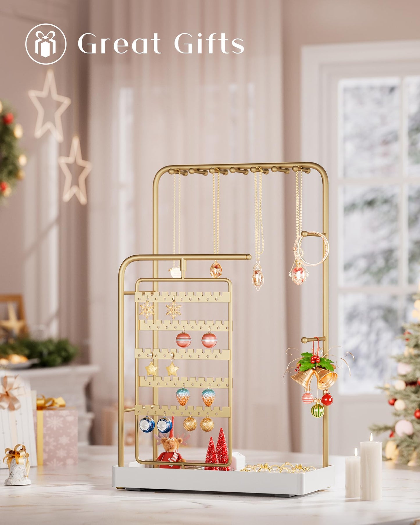 ProCase Jewelry Stand Holder Organizer, Jewelry Display Storage with Ring Tray, Rotating Earring Bracelet Necklace Holder, Valentine's Gifts Room Dorm Decor for Teen Girls -Gold (No-Assembly)