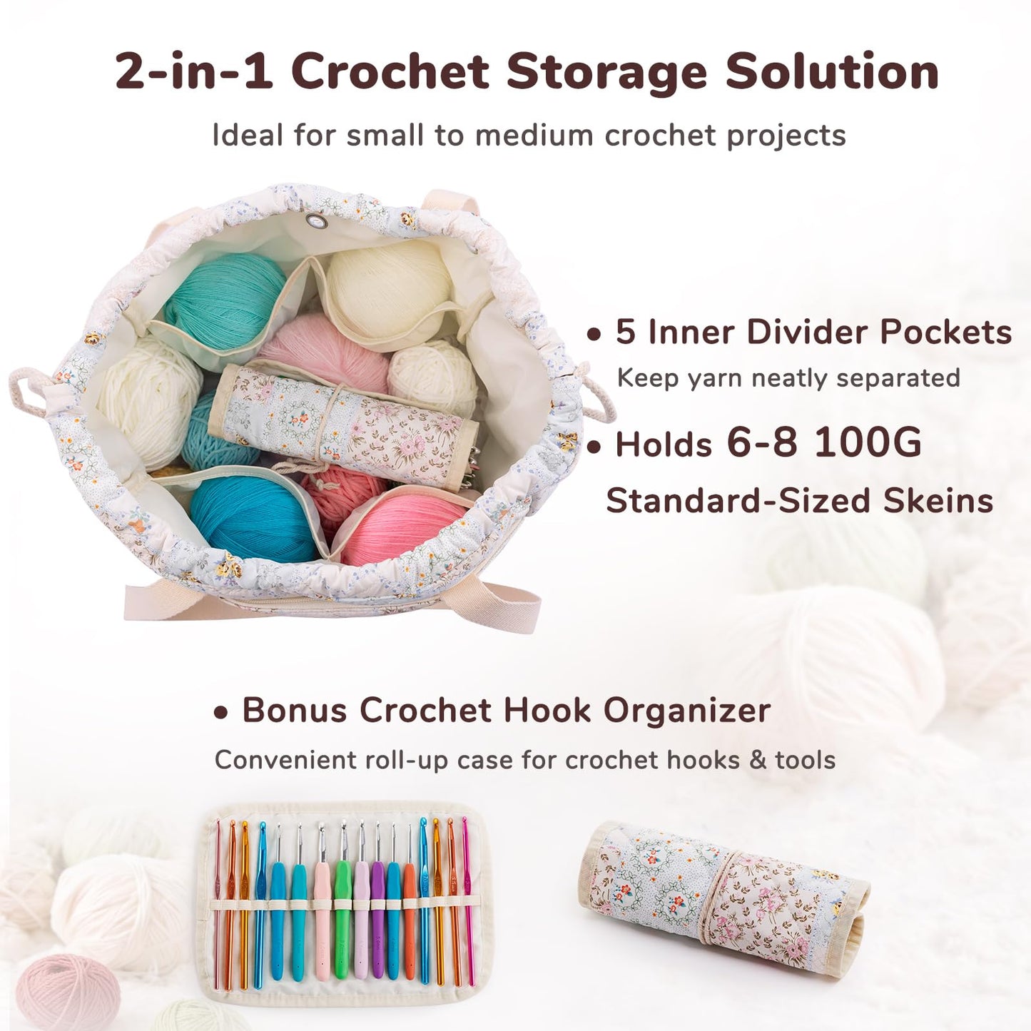 MYBAGZING Portable Crochet Bag Organizer with Crochet Hook Organizer Roll, Quilted Yarn Storage Tote with Grommets, Knitting Project Bag for Yarn & Accessories, Floral Craft Tote Gift for Crocheters