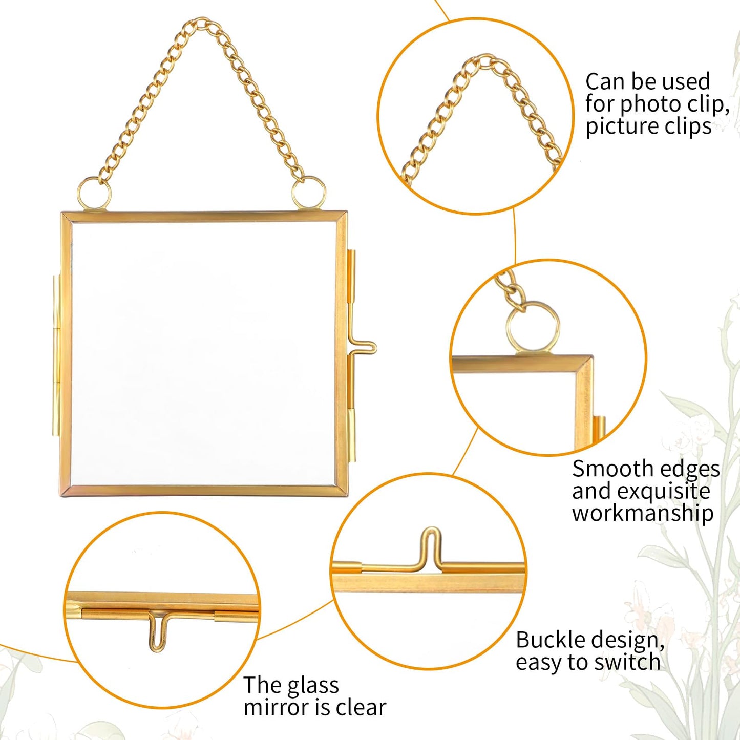 HOFURME 4 Pcs Mini Brass Wall Hanging Photo Frame, Square Glass Hanging Picture Artwork Display Frame, Double Glass Floating Frame Style Gallery Wall Frame for Picture, Pressed Flower (3.5x3.5 inch)