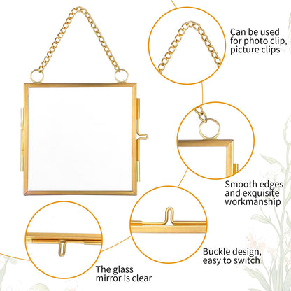 HOFURME 4 Pcs Mini Brass Wall Hanging Photo Frame, Square Glass Hanging Picture Artwork Display Frame, Double Glass Floating Frame Style Gallery Wall Frame for Picture, Pressed Flower (3.5x3.5 inch)