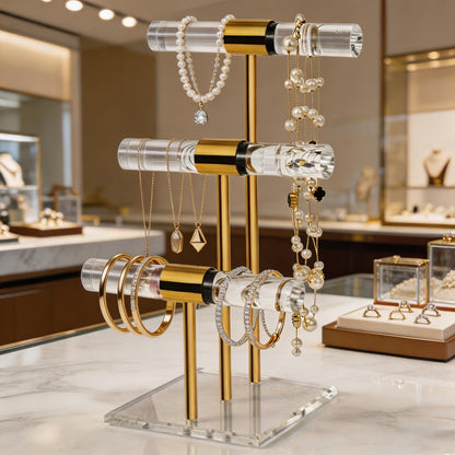 3 Tier Tangle-free Bracelet Display Stands, Acrylic T-Bar Jewelry Display Holder, Clear Gold Necklace Organizer with Stainless Rod, Women Men Vendors Retail Store Counter Jewelry Hanging Stand