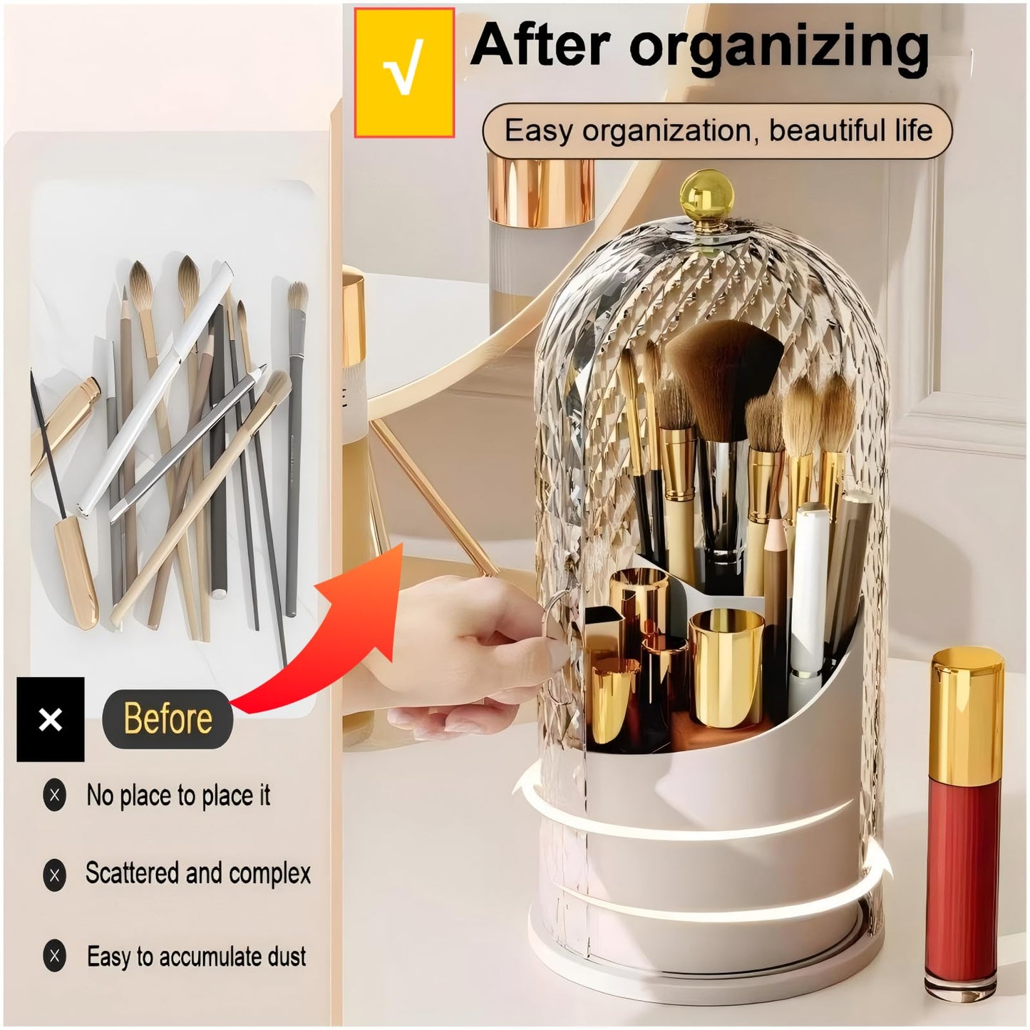 RONGZHIERK Makeup Brush Holder with Lid,Makeup Brush Storage Box with Diamond Pattern,360 Rotating Waterproof and Dustproof Beauty Brushes Storage for Vanity Bathroom,White