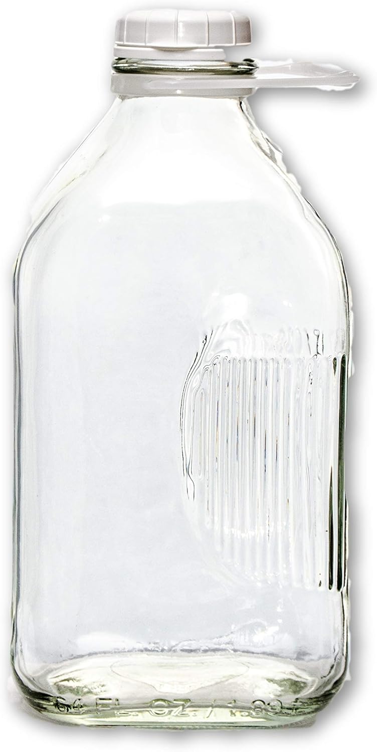 The Dairy Shoppe 2 Qt Heavy Glass Milk Bottle with Handle & Cap, 64 Oz, 1/2 Gal.