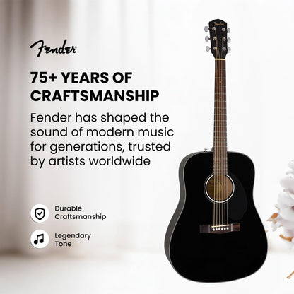 Fender Classic Design Dreadnought Acoustic Guitar - Black Bundle with Gig Bag, Tuner, Strap, Strings, String Winder, Picks, and Austin Bazaar Instructional DVD