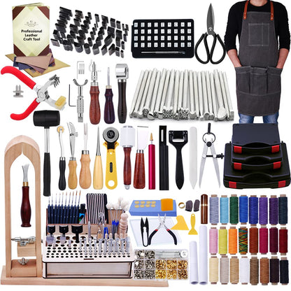 BUTUZE Leather Kit 440Pcs The Most Complete Leather Working Tool Set, Punch Cutter Tools, Letter and Number Stamp, Stamping Set, Apron, Tanned Instructions for Beginners, Professionals