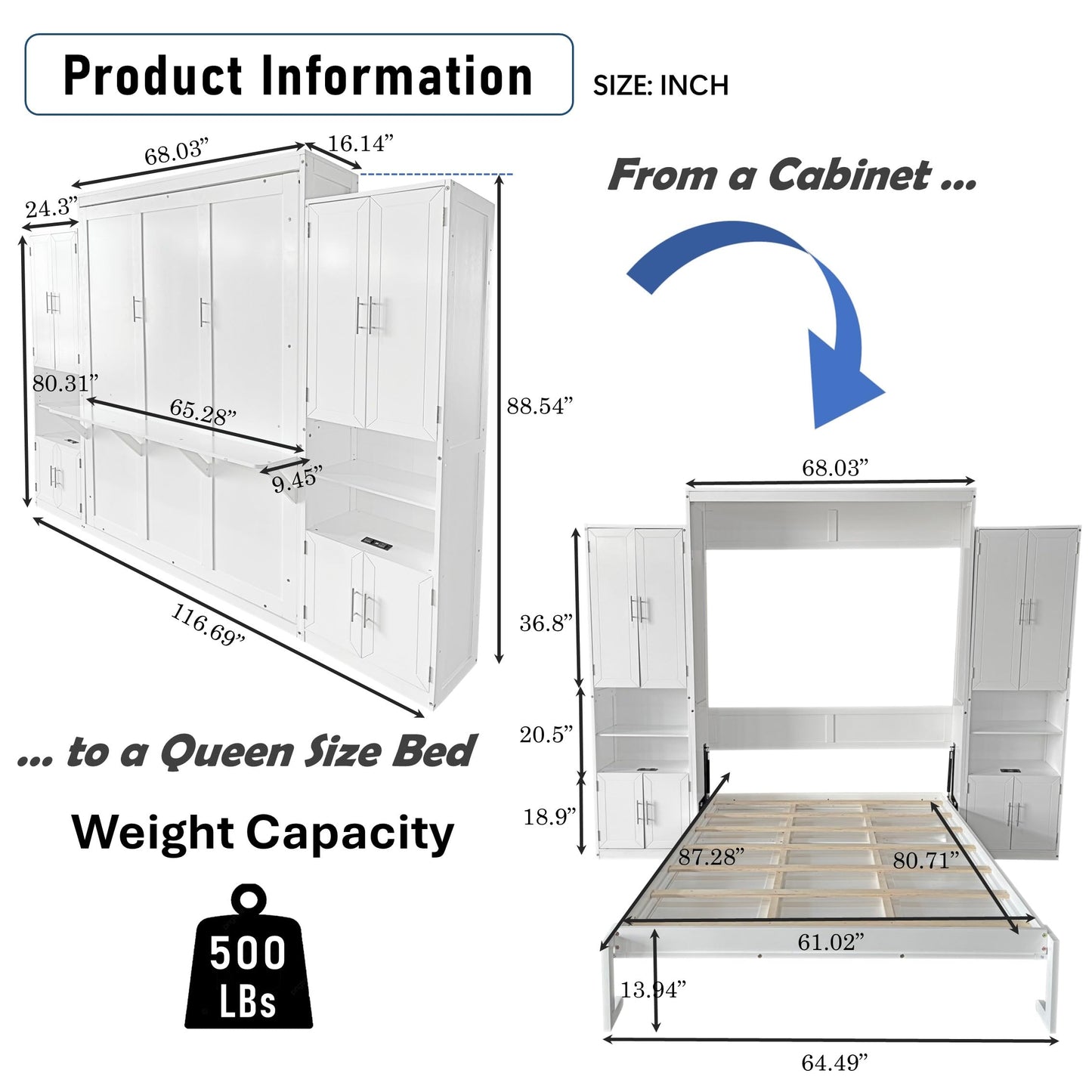 DNYN Queen Size Murphy Bed with Desk & Two Slide Storage Shelf for Small Space,Bedroom,Guest Room,Wooden Wall Bedframe w/Folding into Cabinet Design,Super Save Space & No Box Spring Needed, White