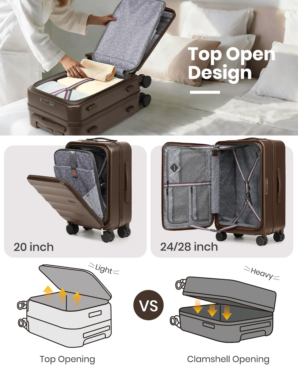 Joyway Luggage Set 3 Piece Top Opening Suitcase Set with Spinner Wheel and TSA Lock, PC Hard Shell Carry on Luggage with Front Pocket for Woman Men (Coffee)