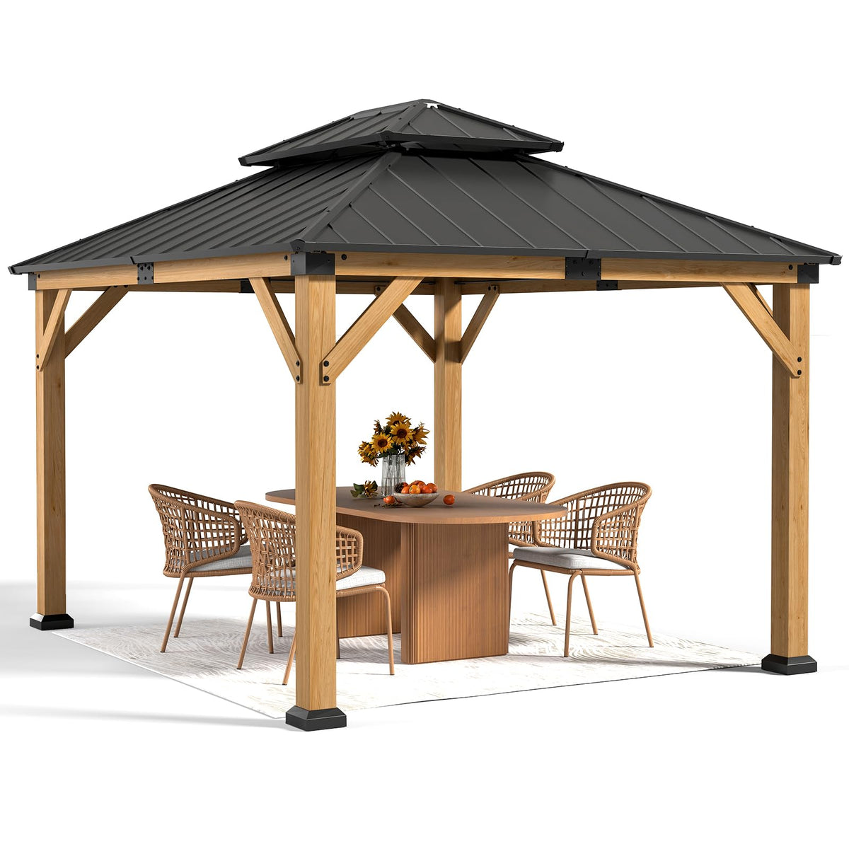 Jocoevol 10' X 12' Wood Gazebo Hardtop Outdoor Permanent Pavilion with Double Galvanized Steel Roof Snow Support, Wind Resistance for Backyard Garden, Lawns, Patio