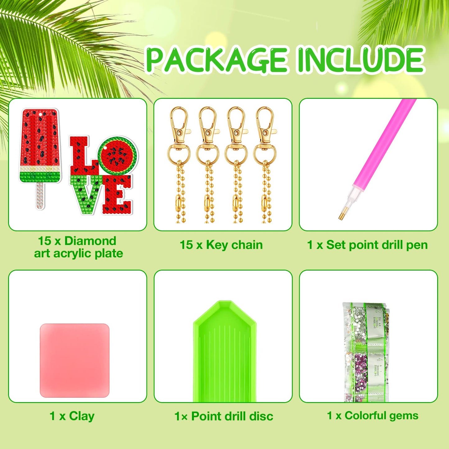 Karenhi 15 Pcs Diamond Art Keychains Summer Watermelon Painting Keychain Kit DIY Single Sided Fruit Gnome Key Ring Spring Diamond Hanging Ornament Gift Accessories for Adult Craft Bag Party Decoration