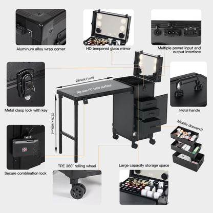 Portable Nail Desk for Nail Tech, Foldable Manicure Table with 3 Drawers & Mirror, Rolling Nail Table with Lockable Train Case, Nail Polish Organizer, Mobile Nail Tech Workstation with Wheels, Black