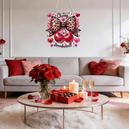 GHHKUD Cherry Bow Diamond Art Hanging Kit for Adults, DIY Double Sided Diamond Painting Hanging Valentines Kits Adults, Special Shaped Acrylic Ornaments Pendants for Window Home Garden Wall