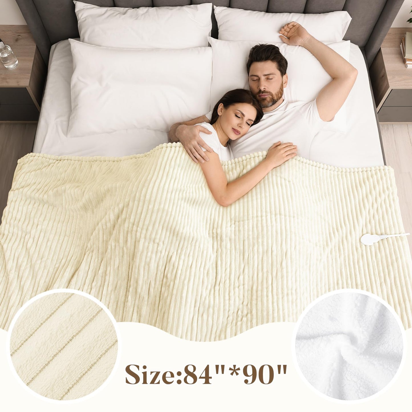 Electric Heated Blanket Queen Size, Fast Heating Soft Flannel Heated Blanket 84x90 inch with 8H Timer, 6 Heating Levels, Machine Washable, ETL & FCC Certified (Beige)
