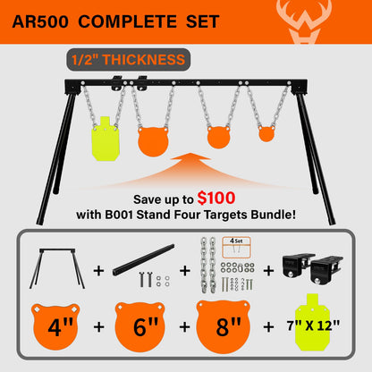Highwild AR500 Steel Targets System 1/2" Thick Steel Shooting Targets with Stand, 63" Adjustable Width, 4", 6", 8" Shooting Gongs + 7" x 12" Torso with 1 Stand, 2 Extension Brackets & 4 Mounting Kits