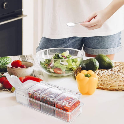 HANHAN Clear Seasoning Boxes, 4 PCS Acrylic Spice Shakers with Spoon, Lid & Tray for Kitchen Storage (Clear)