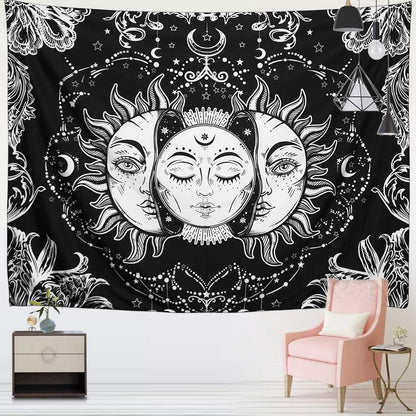 ARFBEAR Sun and Moon Tapestry, Burning Sun with Stars, Black and White Psychedelic Wall Hanging (59 x 59 in)