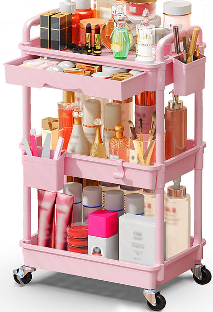 SUNALLY Makeup Cart Organizer with Drawers, Floor Skincare Organizers Vanity Storage Organizer, Rolling Makeup Bathroom Storage Cart Cosmetics Display Cases for Skin Care Perfume Nail Polish, Pink
