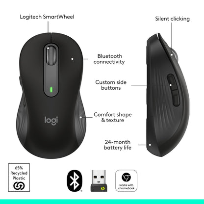 Logitech Wireless Mouse Signature M650 L Full Size - Large Hands, 2-Year Battery, Silent Clicks, Customizable Buttons, Bluetooth, PC/Mac/Chromebook - Black, Right-Handed, Large