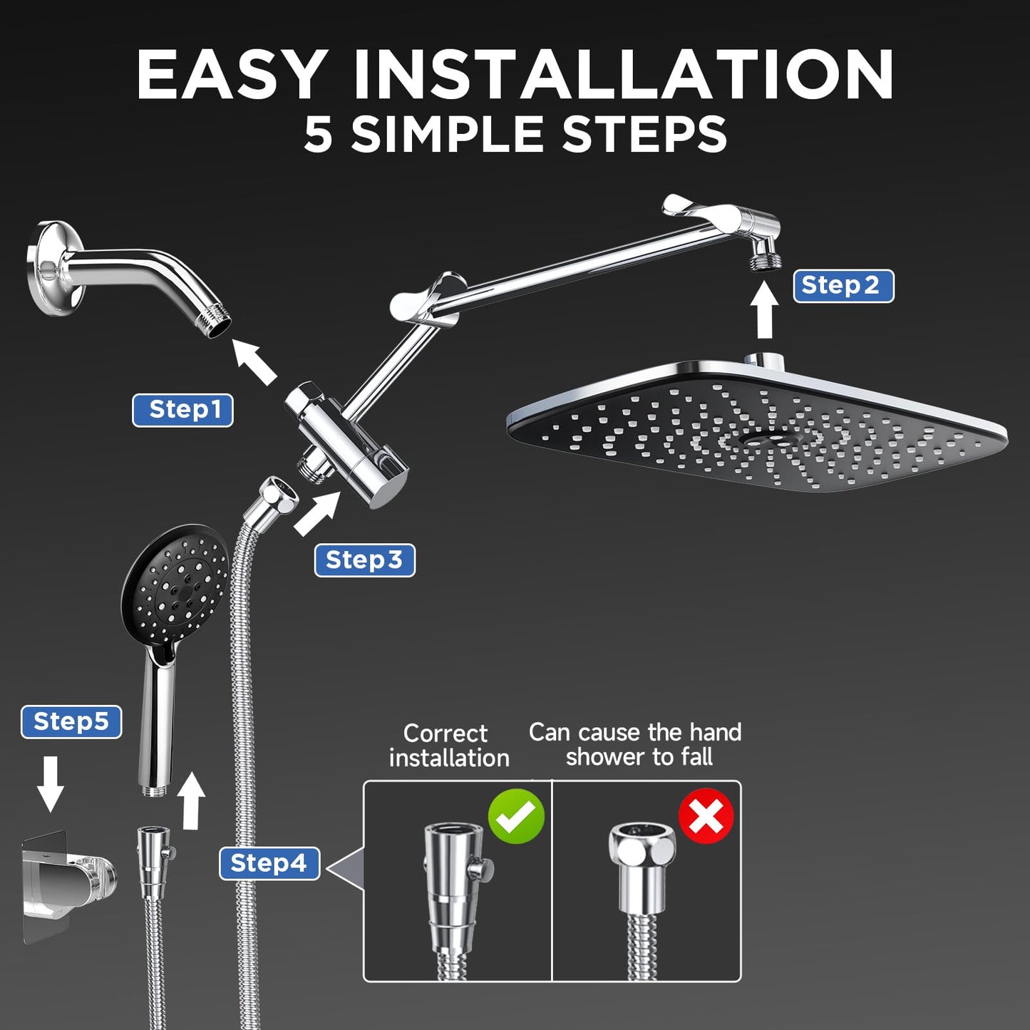 Veken Wide Rain Shower Head with Handheld, High Pressure Rainfall Showerhead Combo with Arm for Bathroom Accessories, Home Decor, Detachable Dual Shower with Multi Modes Handheld Spray, Silver Chrome