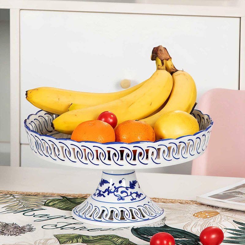 YYMayLsh Decorative Porcelain Fruit Bowl with Pedestal, Blue and White Floral Pattern, 11x5.7 inches