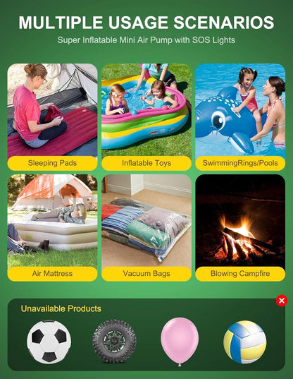 Mini Air Pump Portable, Camping Gear Must Haves, Rechargeable Air Pump for Inflate Deflate with Camping Lights